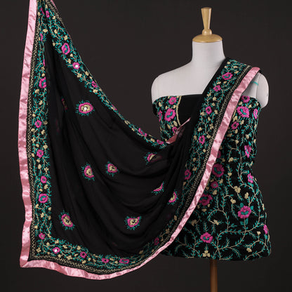 Black - 3pc Phulkari Embroidery Georgette Suit Material Set