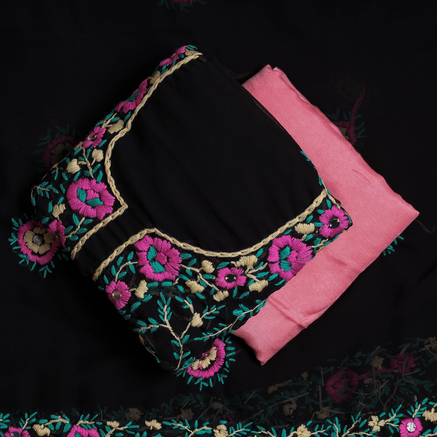 Black - 3pc Phulkari Embroidery Georgette Suit Material Set