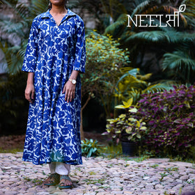 Indigo Dabu Block Print Cotton Flared Dress l iTokri.com