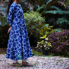 Indigo Dabu Block Print Cotton Flared Dress l iTokri.com