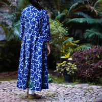 Blue - Dabu Block Printed Cotton Flared Gher Dress