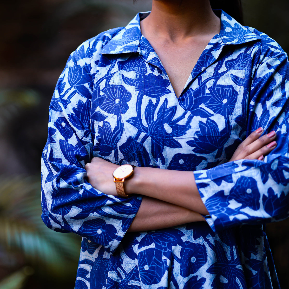 Blue - Dabu Block Printed Cotton Flared Gher Dress