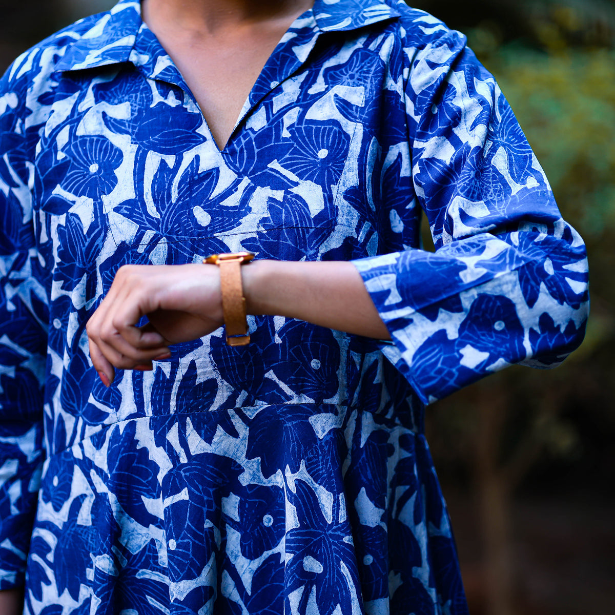 Blue - Dabu Block Printed Cotton Flared Gher Dress