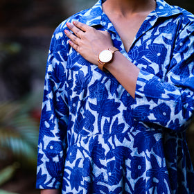 Indigo Dabu Block Print Cotton Flared Dress l iTokri.com