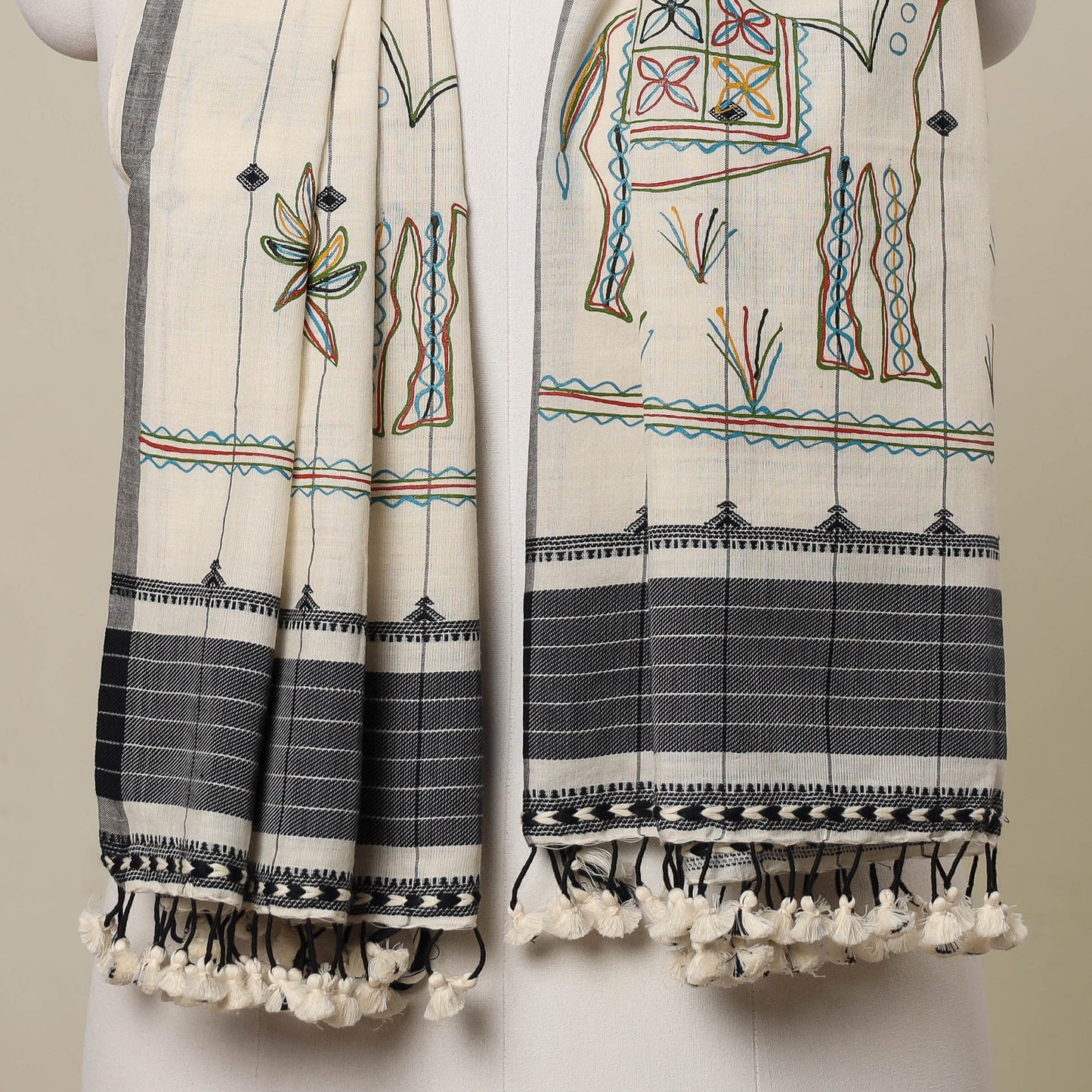 Beige - Traditional Rogan Art Hand Painted Handloom Cotton Stole with Tassels