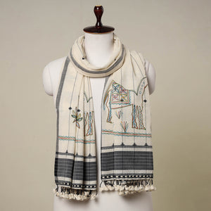 Beige - Traditional Rogan Art Hand Painted Handloom Cotton Stole with Tassels