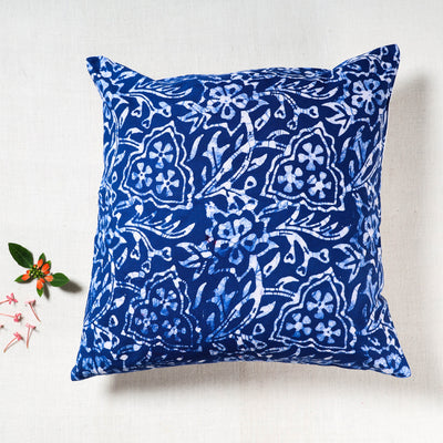 Blue - Hand Batik Printed Pure Cotton Cushion Cover (16 x 16 in)