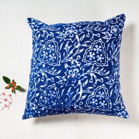 Blue - Hand Batik Printed Pure Cotton Cushion Cover (16 x 16 in)