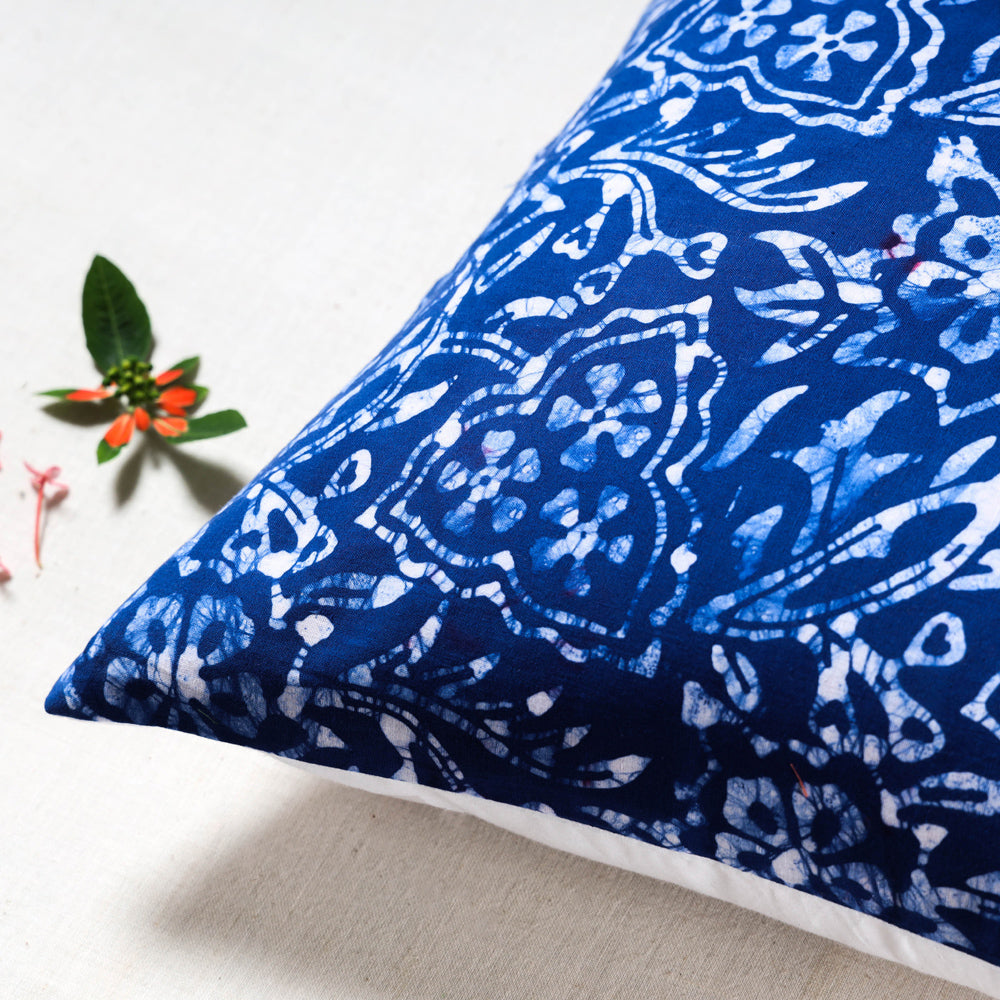 Blue - Hand Batik Printed Pure Cotton Cushion Cover (16 x 16 in)