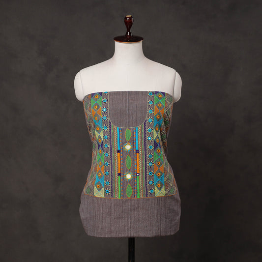 Brown - Lambani Embroidery Handloom Cotton Kurti Material - 2.95 Meters