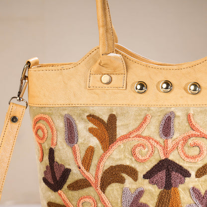 Original Crewel Hand Embroidered Hand Bag with Leather Handle