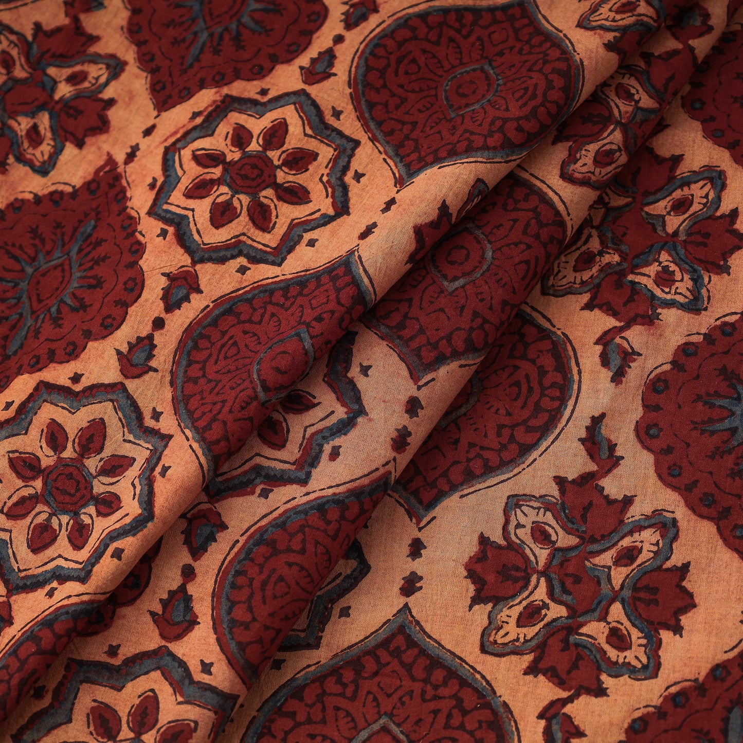 Beige & Maroon Ajrakh Block Printed Cotton Fabric
