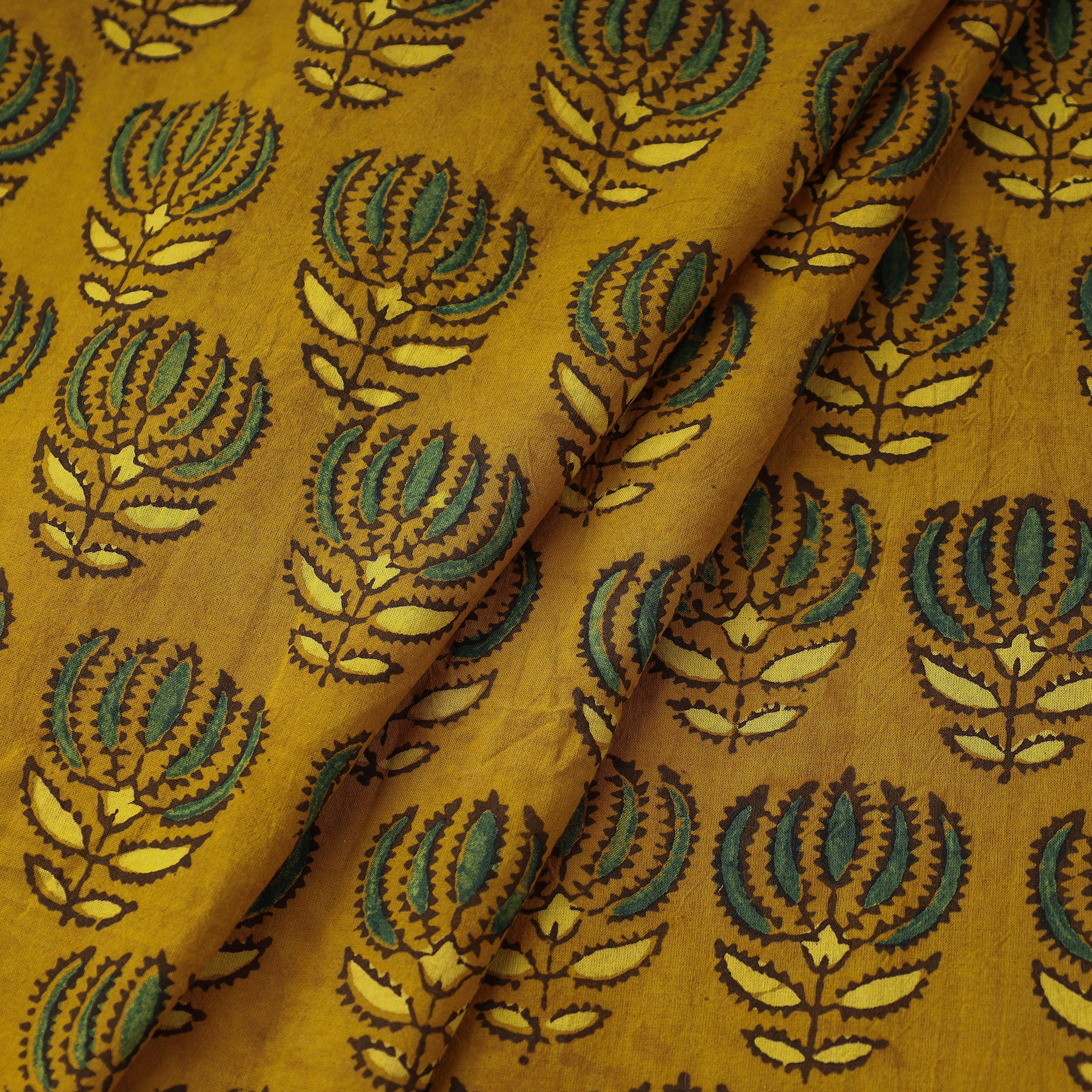 Buy Beaming Yellow Lotus Butta Ajrakh Block Printed Cotton Fabric Online l iTokri.com