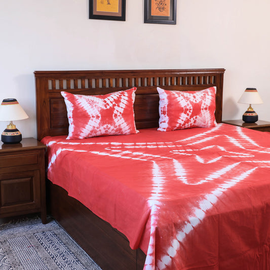 Red - Shibori Tie Dye Pure Cotton Double Bed Cover with Pillow Covers (105 x 90 in)