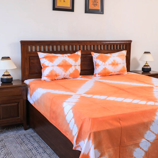 Orange - Shibori Tie Dye Pure Cotton Double Bed Cover with Pillow Covers (105 x 90 in)