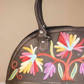 Brown Original Crewel Hand Embroidered Leather Hand Bag