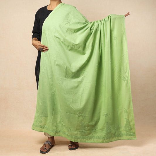 Green - Lucknow Chikankari Hand Embroidery Cotton Dupatta