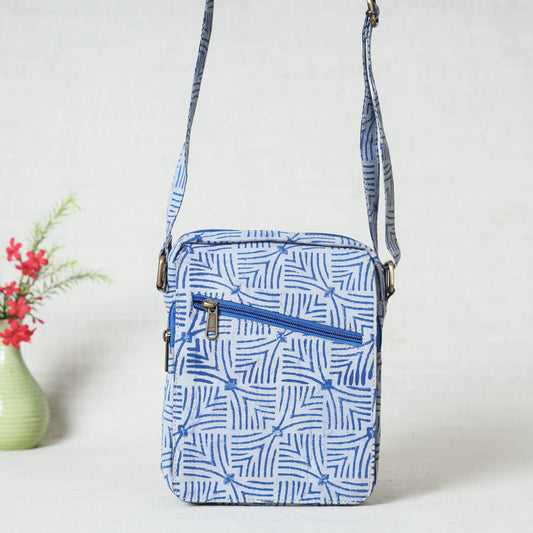 Blue - Double Pocket Block Print Fabric Sling Bag
