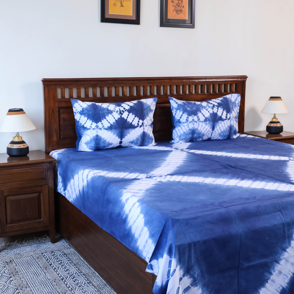 Blue - Shibori Tie Dye Pure Cotton Double Bed Cover with Pillow Covers (105 x 90 in)
