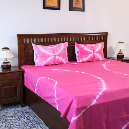 Pink - Shibori Tie Dye Pure Cotton Double Bed Cover with Pillow Covers (105 x 90 in)