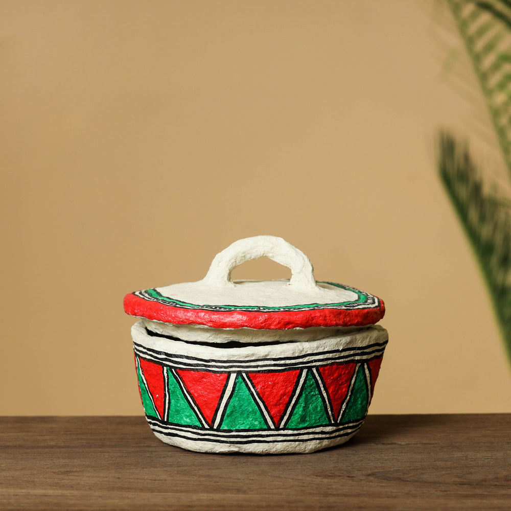 Bowl with Lid - Madhubani Handpainted Paper Mache Home Decor Item