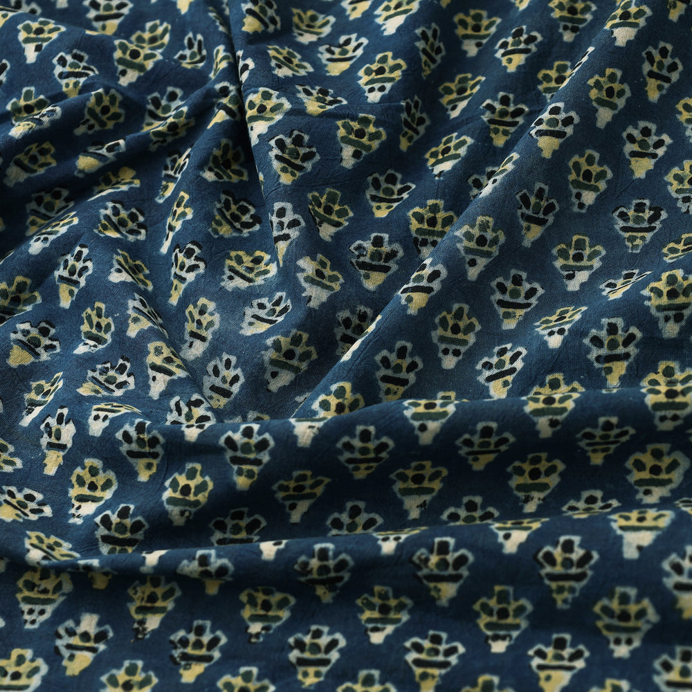 Tiny Flora Blue Ajrakh Block Printed Cotton Fabric