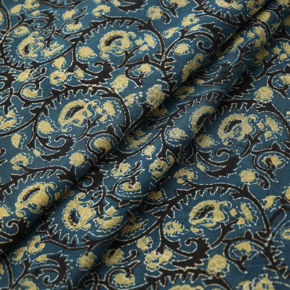 Blue - Yellow Flower Forest Ajrakh Block Printed Cotton Fabric