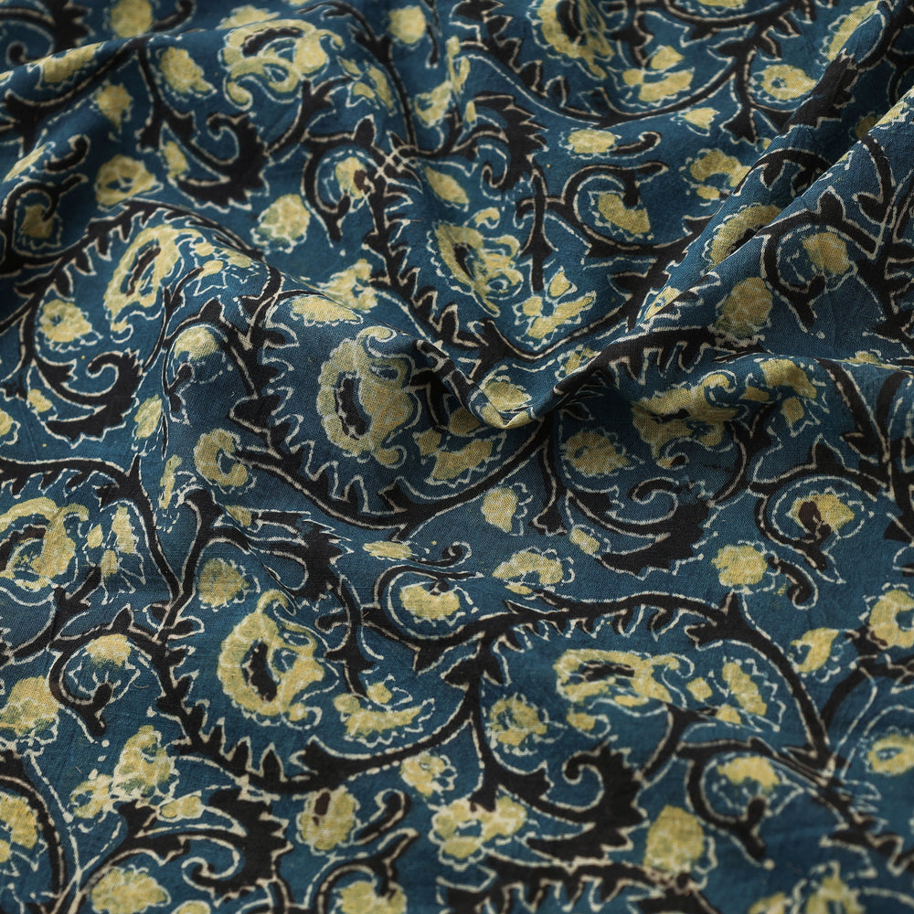 Blue - Yellow Flower Forest Ajrakh Block Printed Cotton Fabric