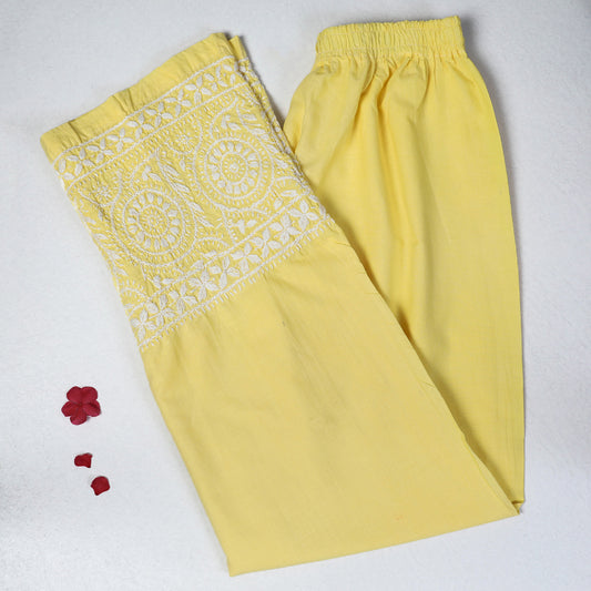 Yellow - Lucknow Chikankari Hand Embroidery Cotton Palazzo (Free Size)