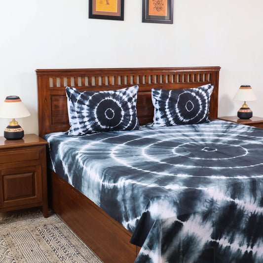 Black - Shibori Tie Dye Pure Cotton Double Bed Cover with Pillow Covers (105 x 90 in)