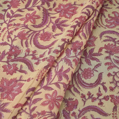 Red Florals On Yellow Sanganeri Block Printing Mul Cotton Fabric