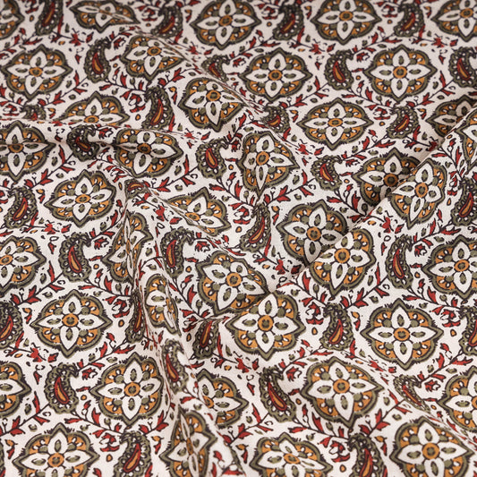 White - Intricate Floral Pattern Sanganeri Block Printed Cotton Fabric