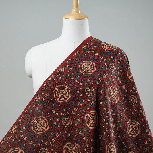 Turkey Red With Beige Octagon Motifs Ajrakh Hand Block Printed Cotton Fabric