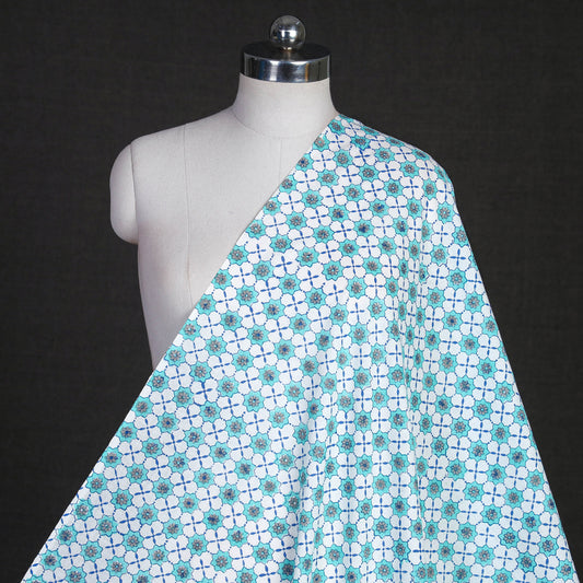 Intricate Floral On Blue & White Sanganeri Block Printing Cotton Fabric
