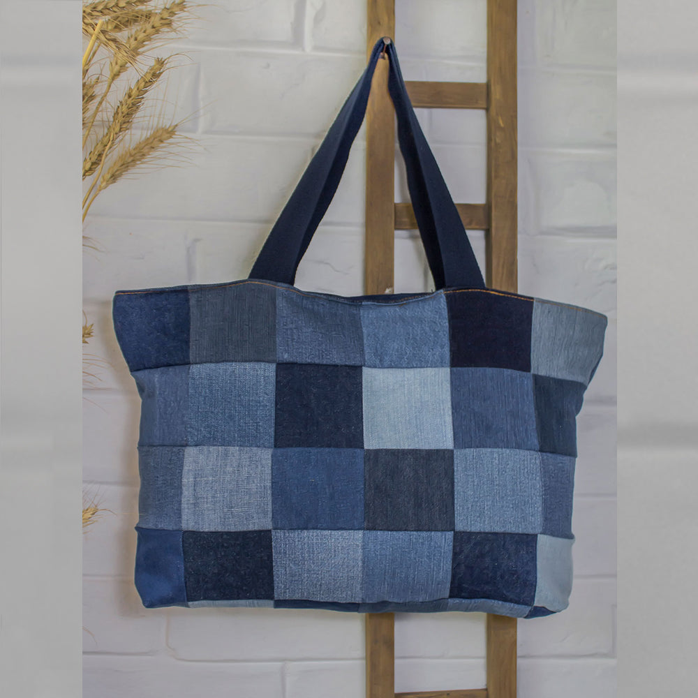 Upcycled Denim Chequered Tote Bags