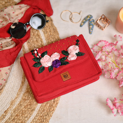 Red velvet Hand Embroidery Clutch/Sling Bag