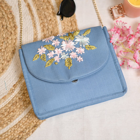 Blue - Drizzle Stitch Hand Embroidery Canvas Clutch/Sling Bag