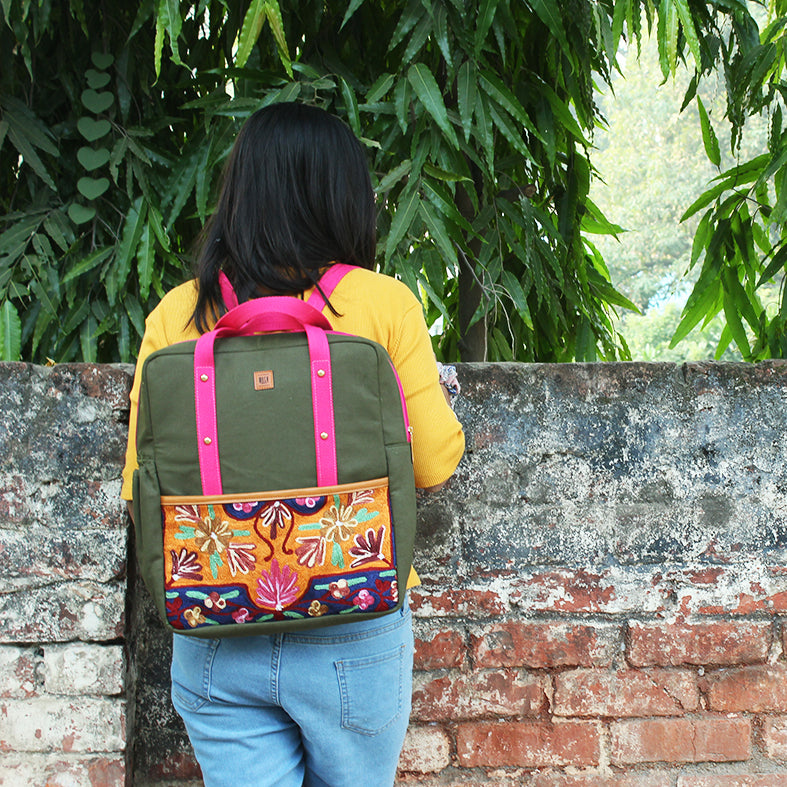 chain stitch hand embroidery backpack