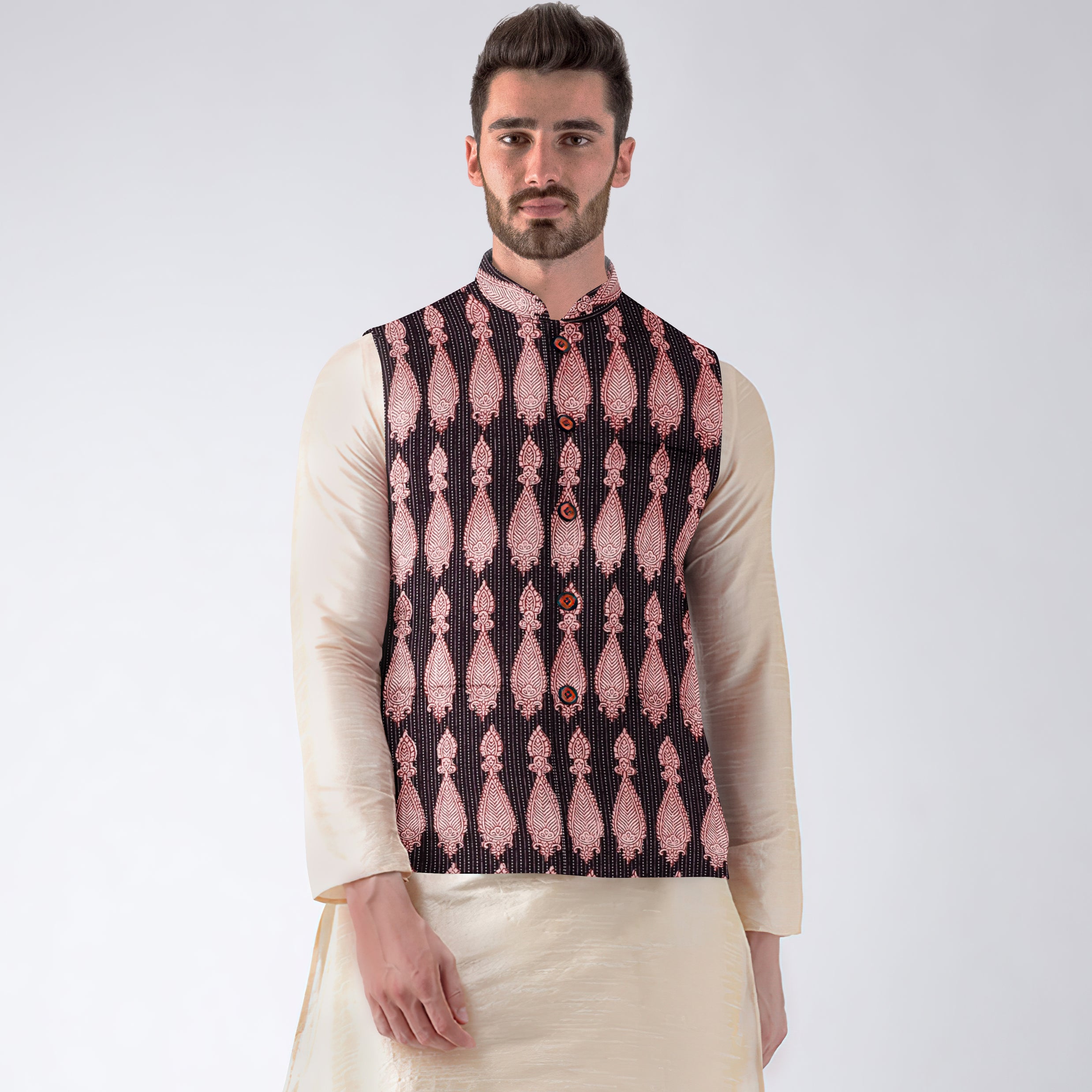 Digital Printed Art Silk Nehru Jacket in Pink : MUY807