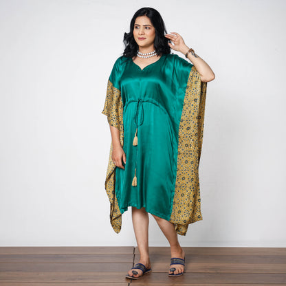 Persian Green Modal Silk Ajrakh Printed Kaftan Dress (Medium)