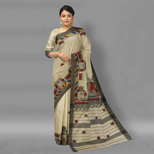 Beige - Manjusha Art Handpainted Chanderi Silk Handloom Saree by Anjana Kumari