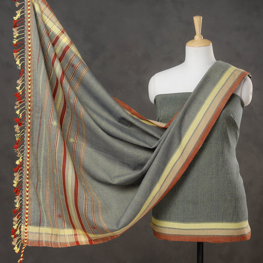 Grey - 2pc Kutch Bhujodi Weaving Handloom Fine Cotton Suit Material Set