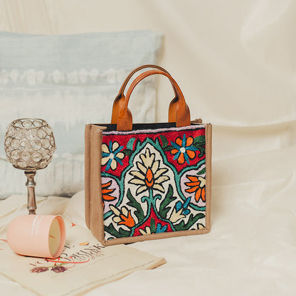 Brown - Tulip Beige Chain Stitch Hand Embroidery Canvas Mini Book Bag