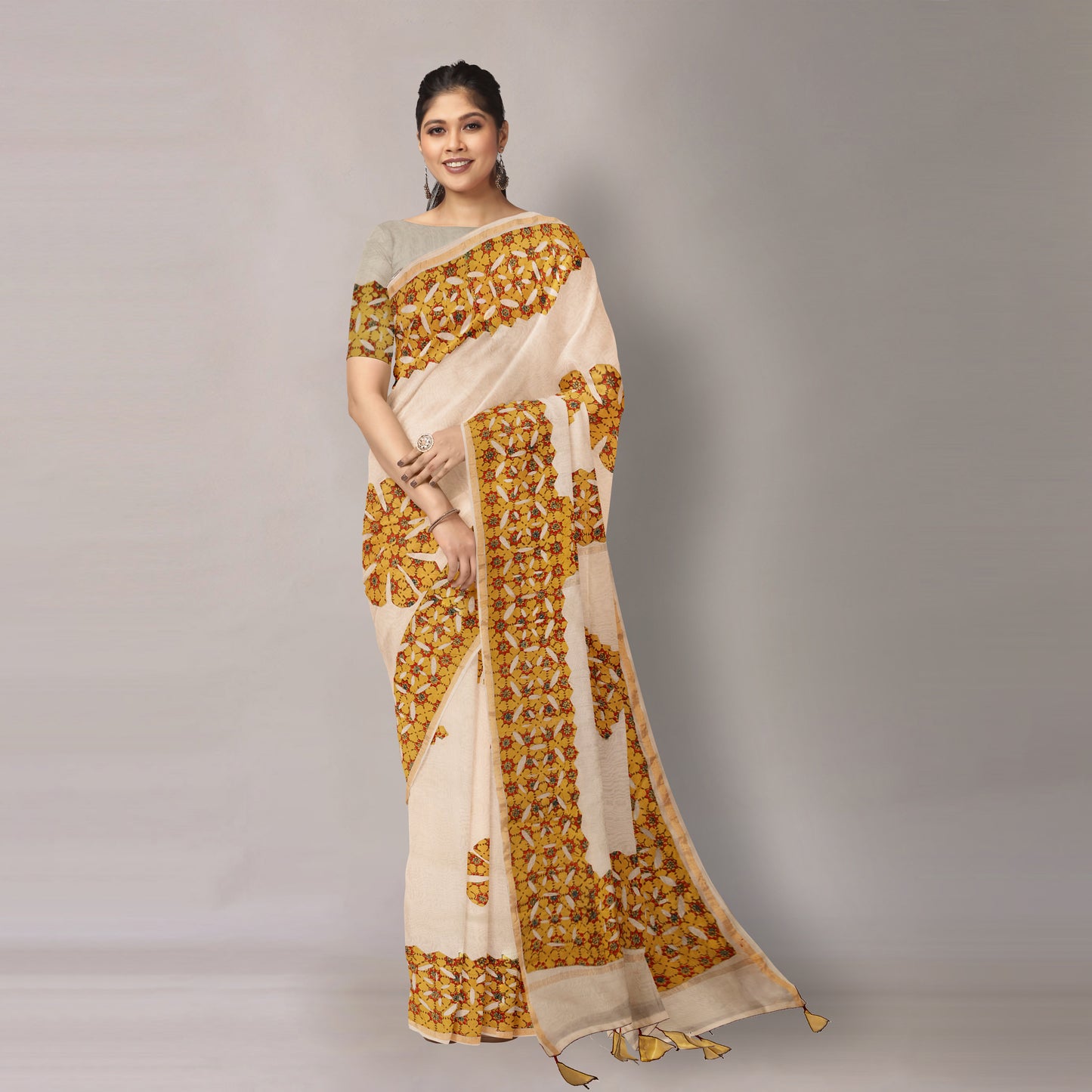 Barmer Applique Work Chanderi Silk Saree with Tassels
