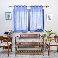 Blue - Pochampally Ikat Weave Pure Cotton Fabric Window Curtain (5 x 3 Feet) (single piece)