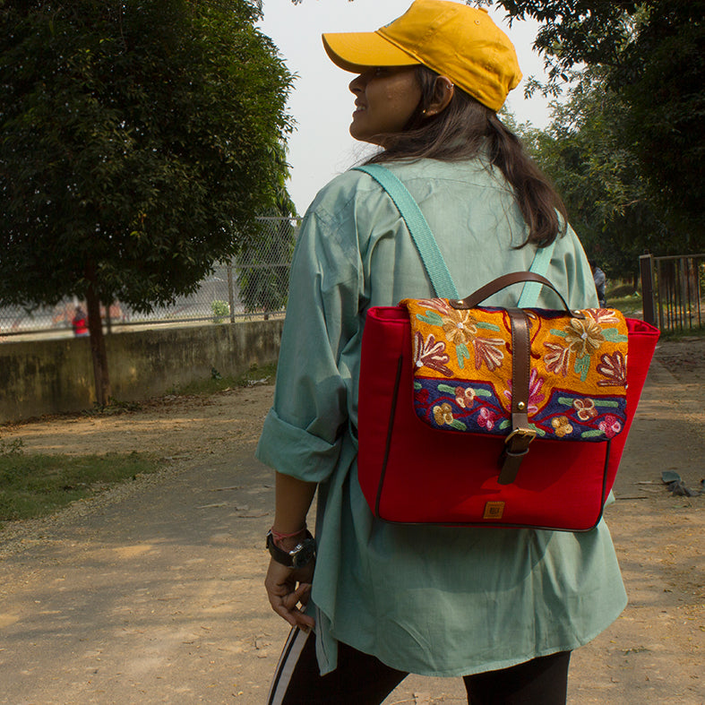 Red - Chain Stitch Hand Embroidery Canvas Anokhi Backpack
