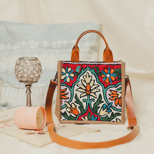 Brown - Tulip Beige Chain Stitch Hand Embroidery Canvas Mini Book Bag