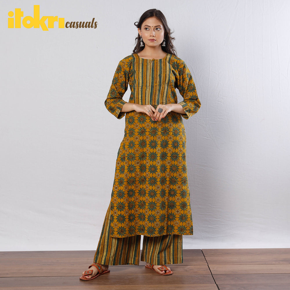 Yellow Green Flowers Ajrakh Block Printed Kurta with Palazzo Set