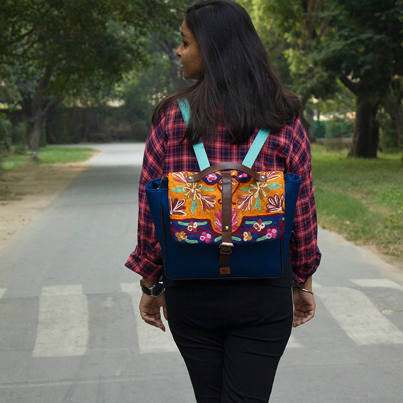 chain stitch hand embroidery backpack