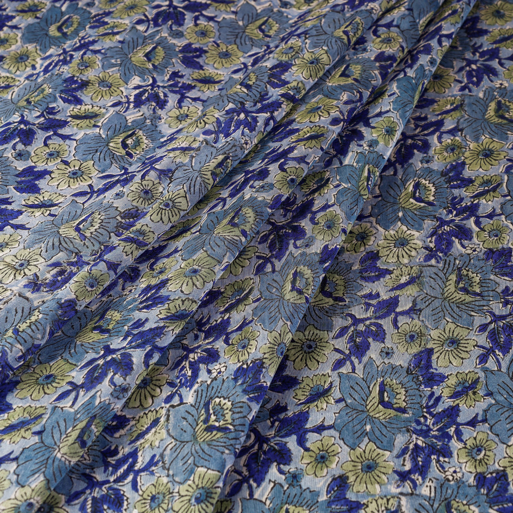 Blue Floral Sanganeri Block Printed Handloom Chanderi Silk Fabric